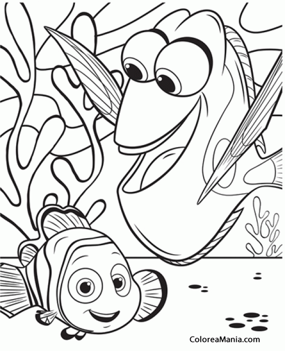 Colorear DOry y Nemo con fondo de algas