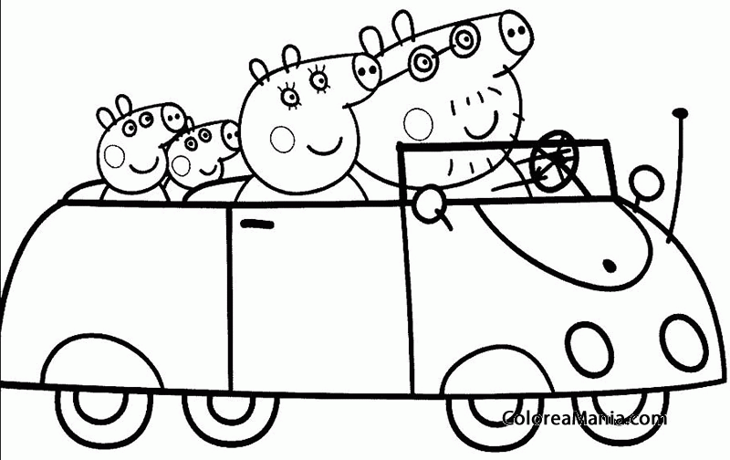 Colorear Familia Peppa Pig en auto