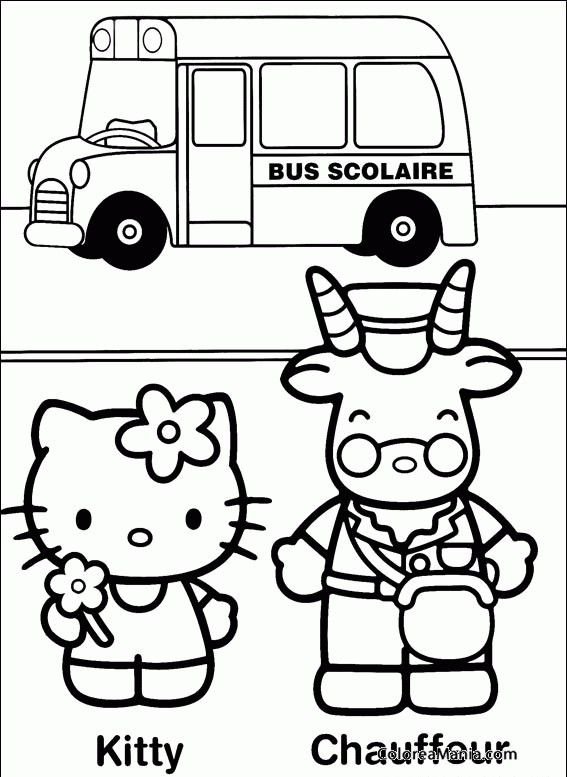 Colorear Kitty junto al chofer del Bus