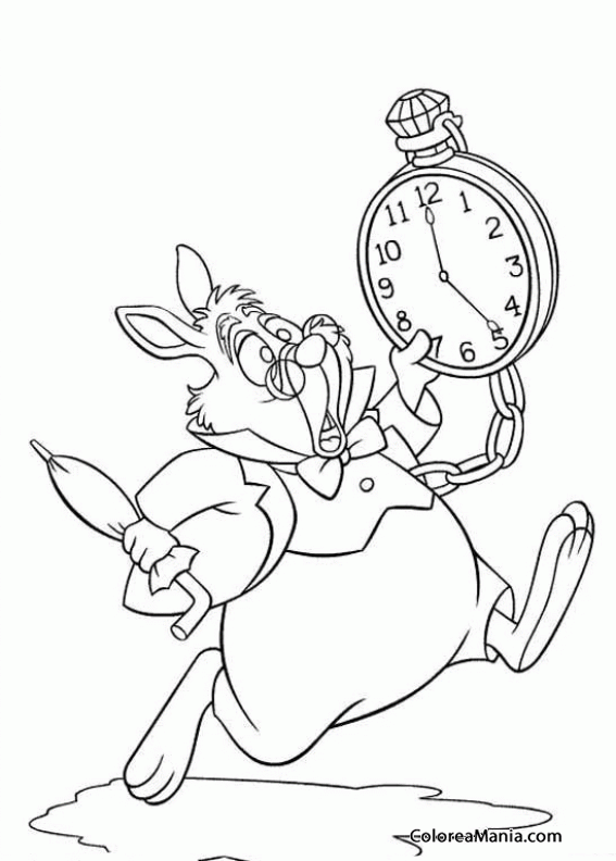 Colorear El Conejo Blanco mira el reloj