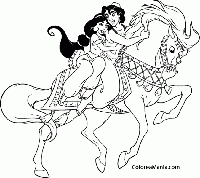 Colorear Aladdin y princesa Jasmine en caballo