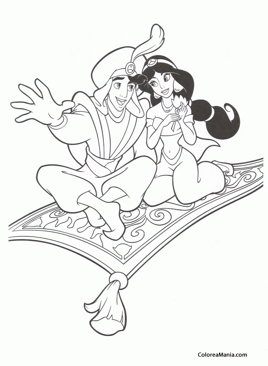 Colorear Aladdin y Jasmine en la alfombra mgica