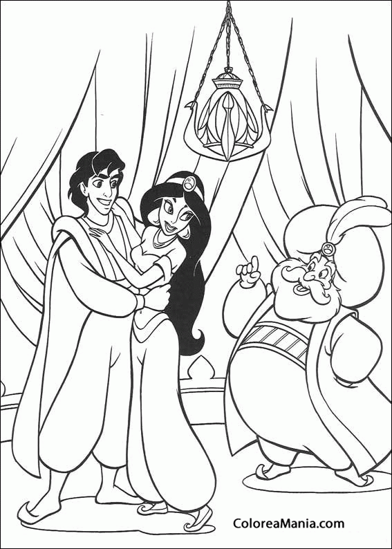 Colorear Aladdin, Jasmine y el padre de Jasmine