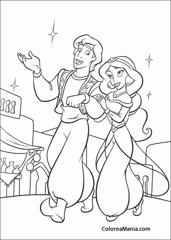 Colorear Aladdin y Jasmine paseando