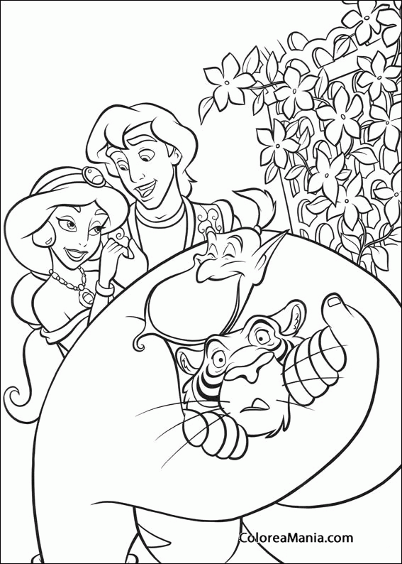 Colorear Aladdin y Jasmine con el Genio