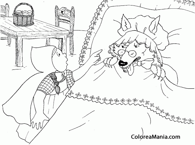 Colorear Caperucita y el lobo en la cama