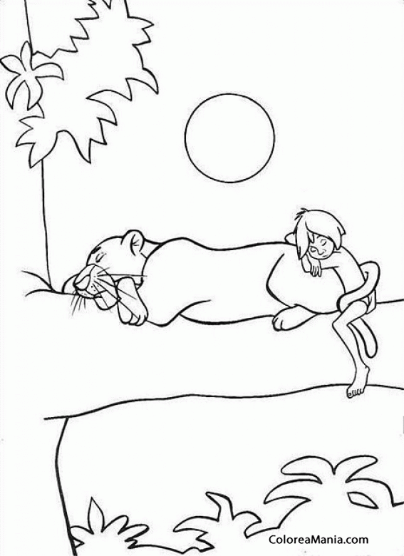 Colorear Bagheera y Mowgli duermen en una rama