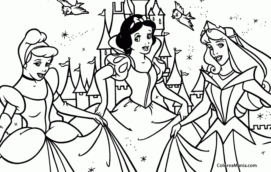 Colorear Princesas Cenicienta, Blancanieves y Bella durmiente