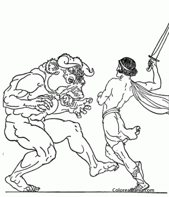 Colorear Teseo lucha con el Minotauro