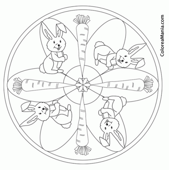 Colorear Mandalas Pascua, 4 conejos 4 zanahorias