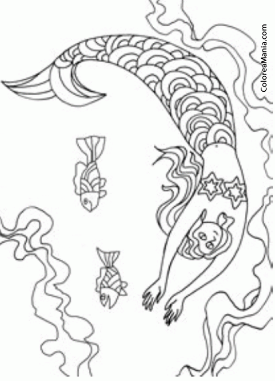 Colorear Sirena nadando con peces