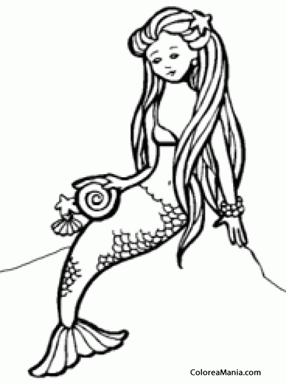 Colorear Sirena sentada en la roca, con 1 caracola