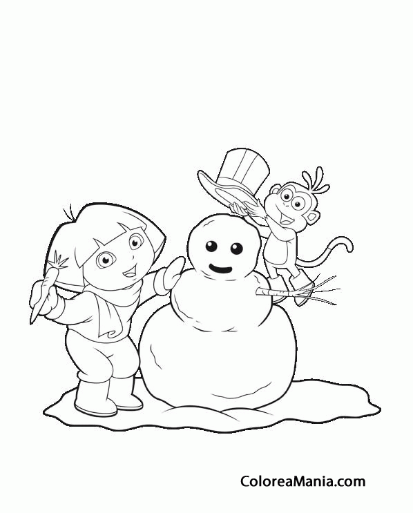 Colorear Dora y Botas hacen un mueco de nieve