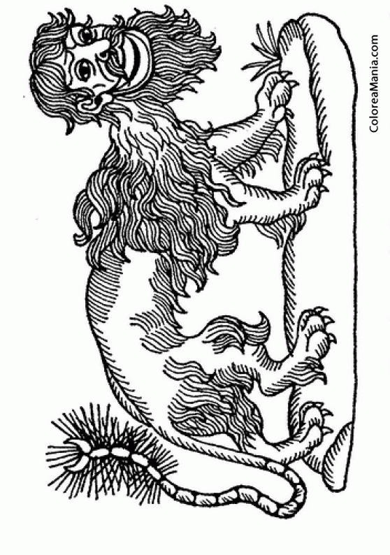 Colorear Mantcora.  Cabeza humana, el cuerpo rojo, y la cola de un dragn o escorpin 8