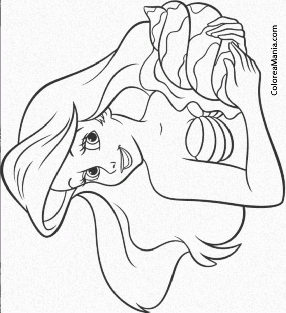 Colorear La princesa Ariel con una caracola (La Sirenita), dibujo para  colorear gratis