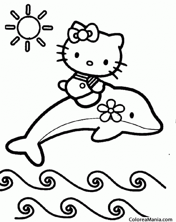 Colorear Delfn y Kitty en el mar