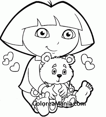 Colorear Dora sentada con un osito de peluche