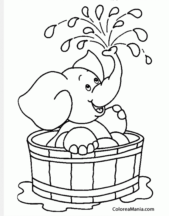 Colorear Elefante pequeo bandose en un barril