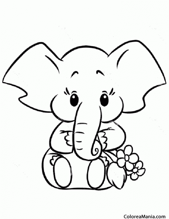 Colorear Elefante pequeo con ramo flores