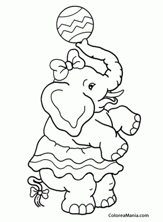 Colorear Elefante con falda y pelota