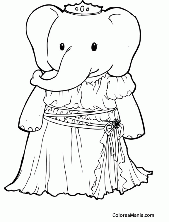 Colorear Elefanta vestida princesa