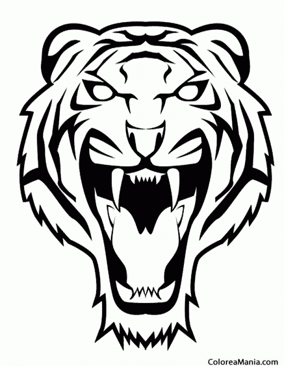 Colorear Cabeza Tigre. Tatuaje (Animales de la Selva), dibujo para colorear gratis