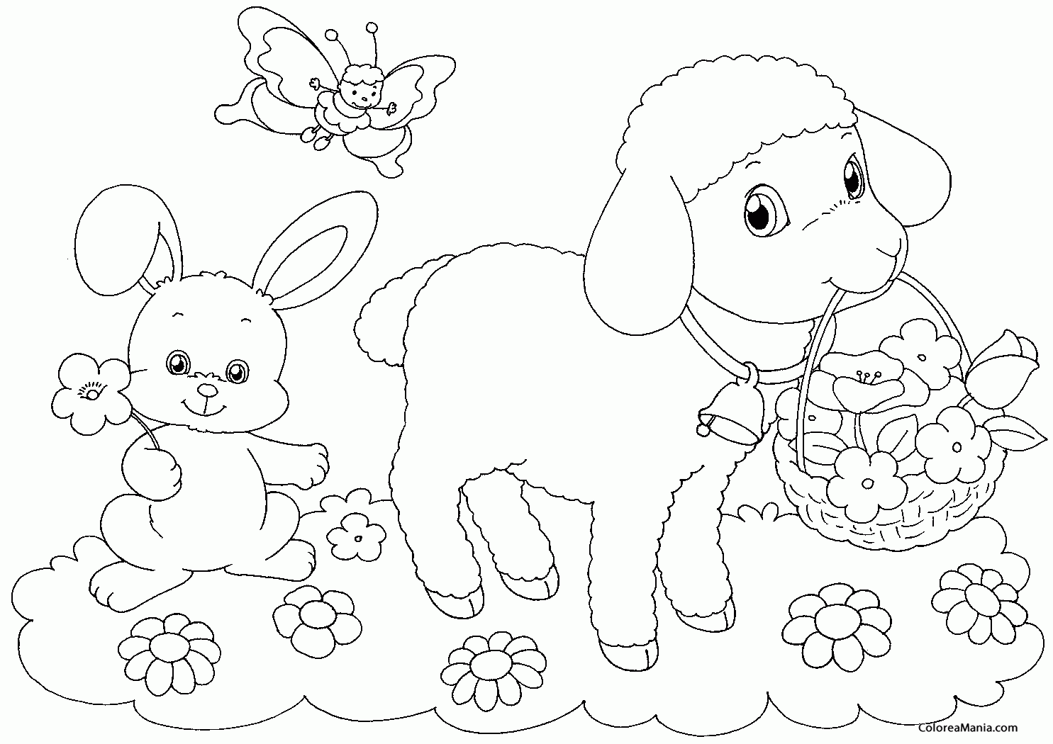 Colorear Recogiendo flores (Animales de Granja), dibujo para colorear gratis