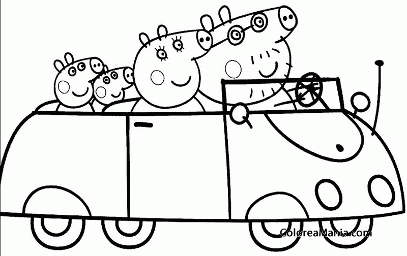 Colorear Familia Peppa Pig en auto (Peppa Pig), dibujo para colorear gratis