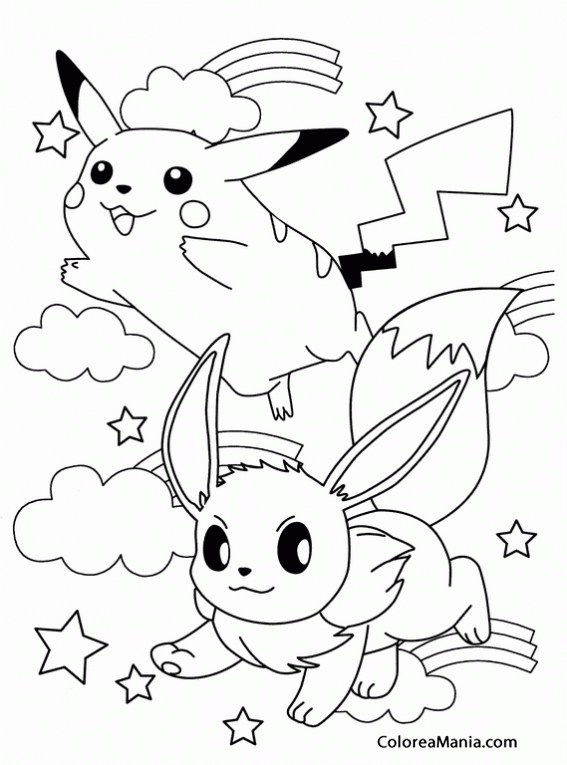 Colorear Pikachu y Eeve (Pokemon), dibujo para colorear gratis