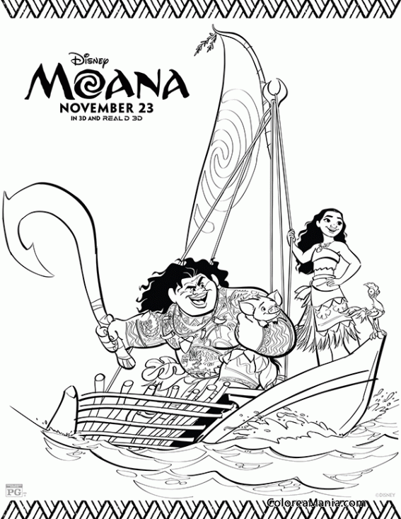 Colorear Moana y Maui navegando