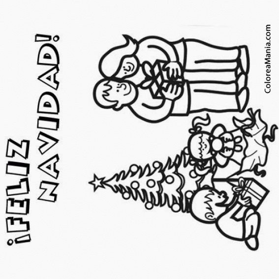 Colorear Feliz Navidad con la familia (Navidad), dibujo para colorear gratis Colorear Feliz Navidad con la familia (Navidad), dibujo para colorear gratis