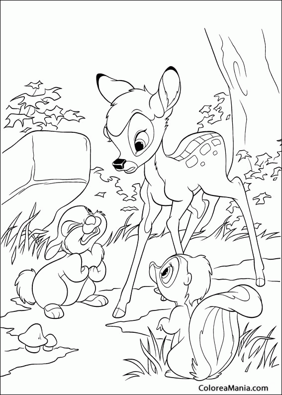 Colorear Bambi junto a Tambor y Flor