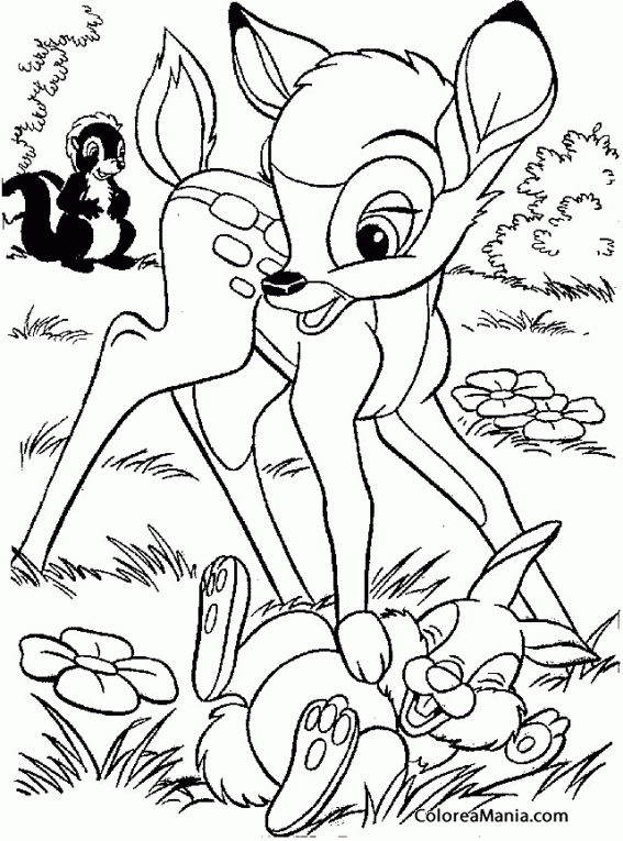 Colorear Bambi con Tambor y Flor