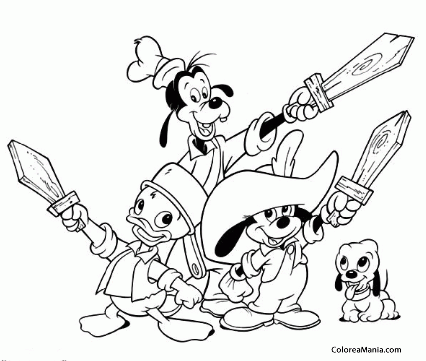 Colorear Donald, Goofy, Mickey, Pluto