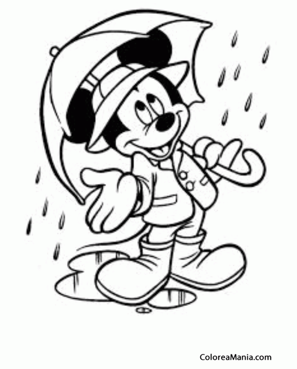 Colorear Mickey con paraguas bajo la lluvia