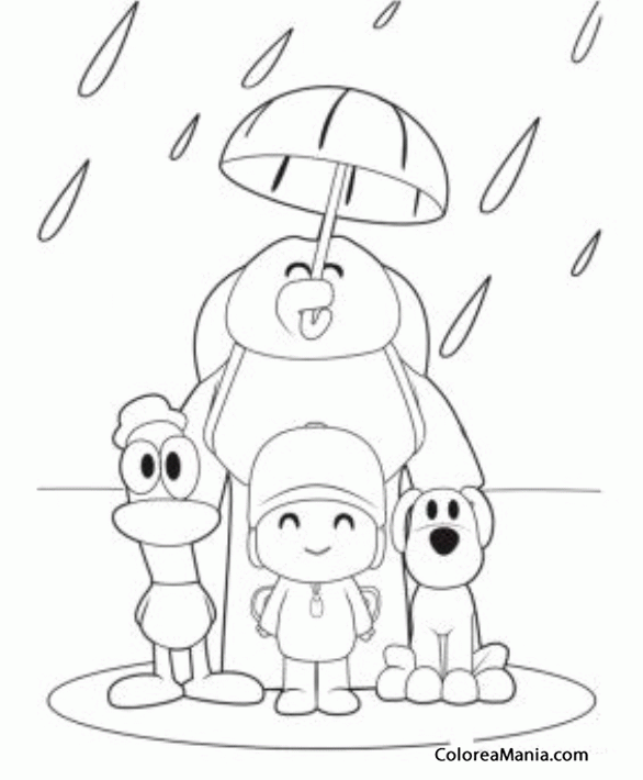 Colorear PAto, Elly, Pocoy y Loula bajo un paraguas