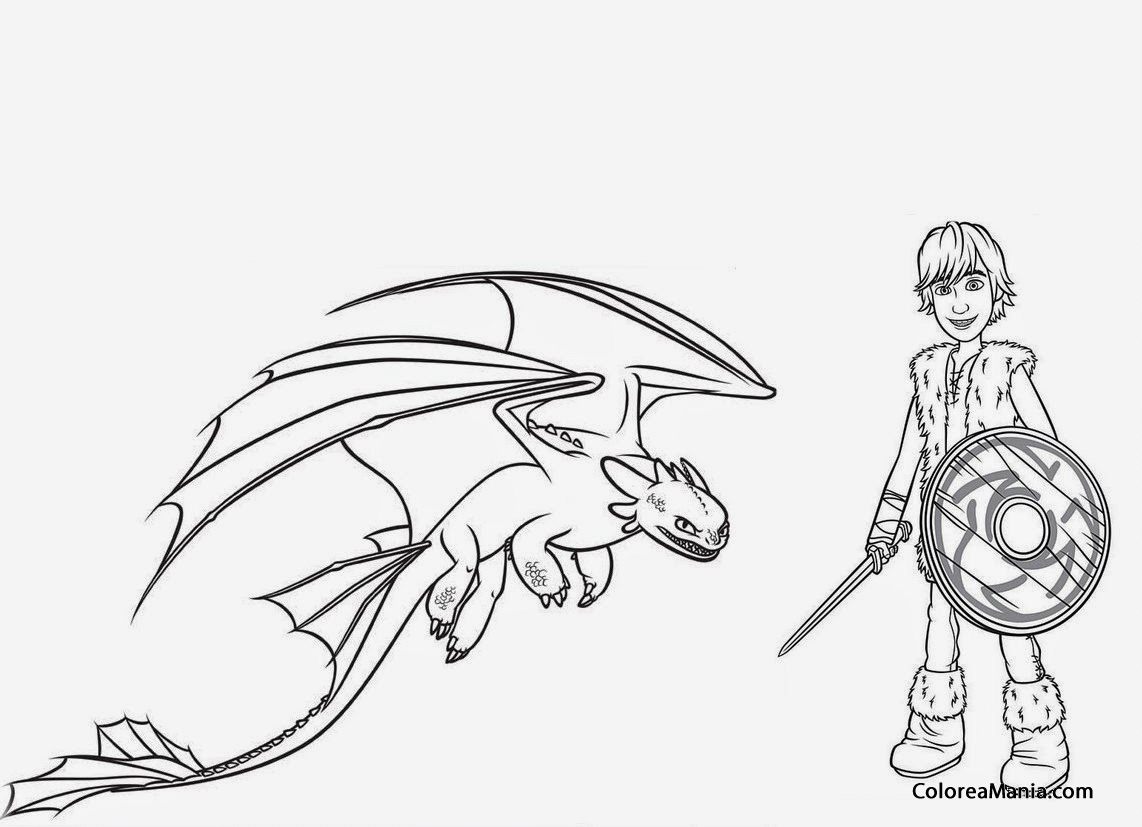 Colorear Desdentao y Hipo armado con espada (Cómo entrenar a tu dragón),  dibujo para colorear gratis