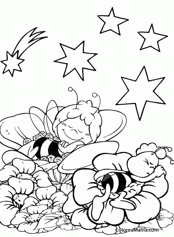 Colorear Maya y Willy duermen entre flores