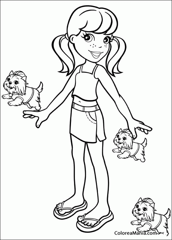 Colorear Polly Pocket con tres perritos