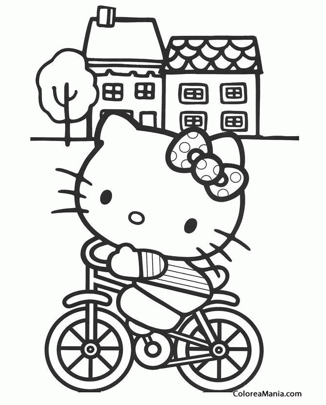 Colorear Hello Kitty en bici ante su casa