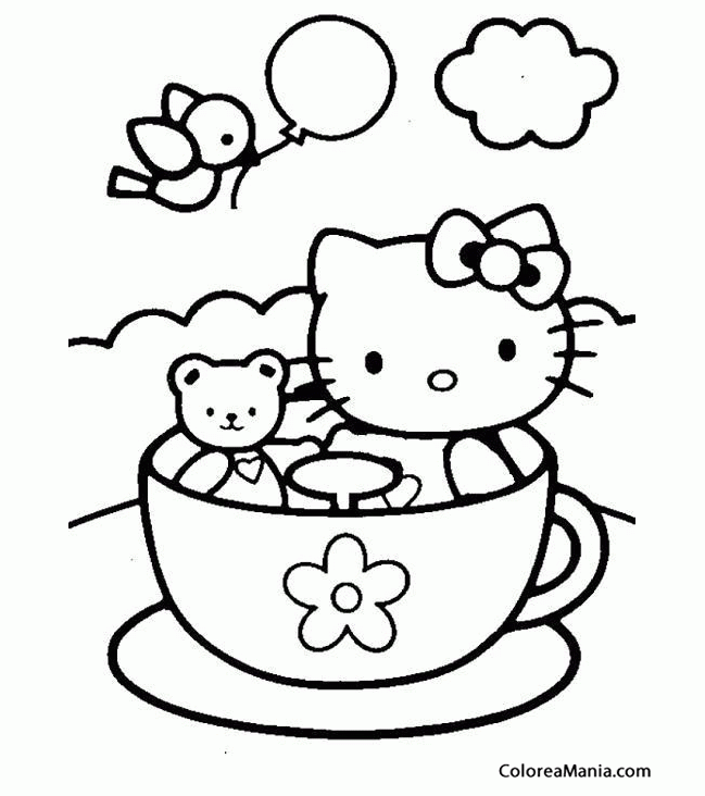 Colorear Hello Kitty en una taza (Hello Kitty), dibujo para colorear gratis