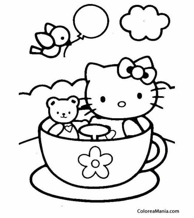 Colorear Hello Kitty en una taza (Hello Kitty), dibujo para colorear gratis Colorear Hello Kitty en una taza (Hello Kitty), dibujo para colorear gratis