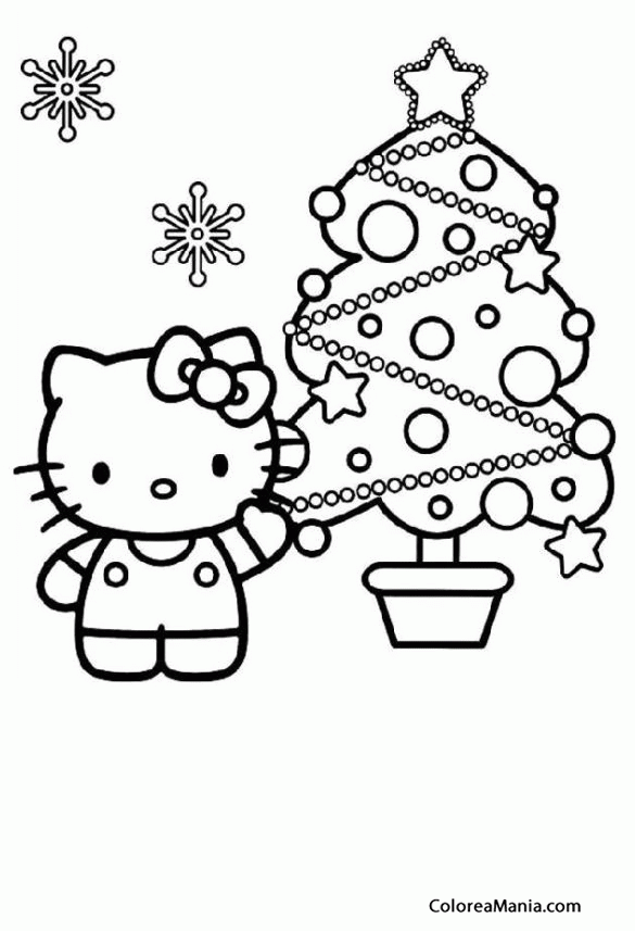  Colorear Hello Kitty con árbol de Navidad (Hello Kitty), dibujo para colorear gratis