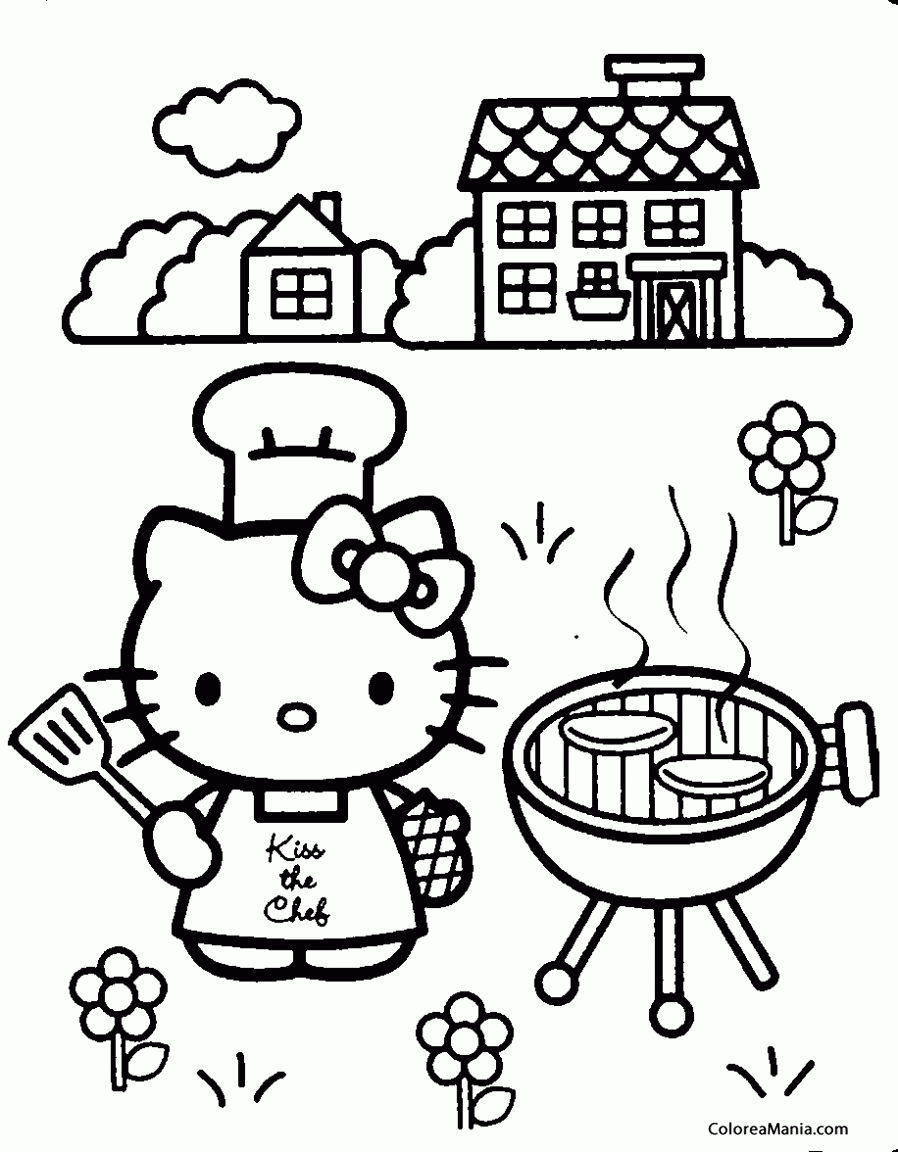Colorear Hello Kitty cocina en la barbacoa (Hello Kitty), dibujo para colorear gratis Colorear Hello Kitty cocina en la barbacoa (Hello Kitty), dibujo para colorear gratis