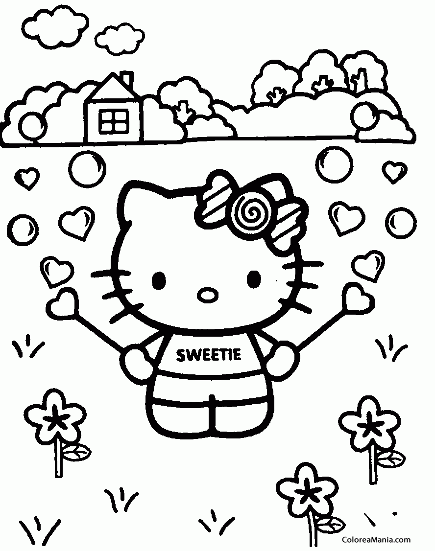 Hello Kitty Y Amiga Jardinera Con Flores Para Pintar