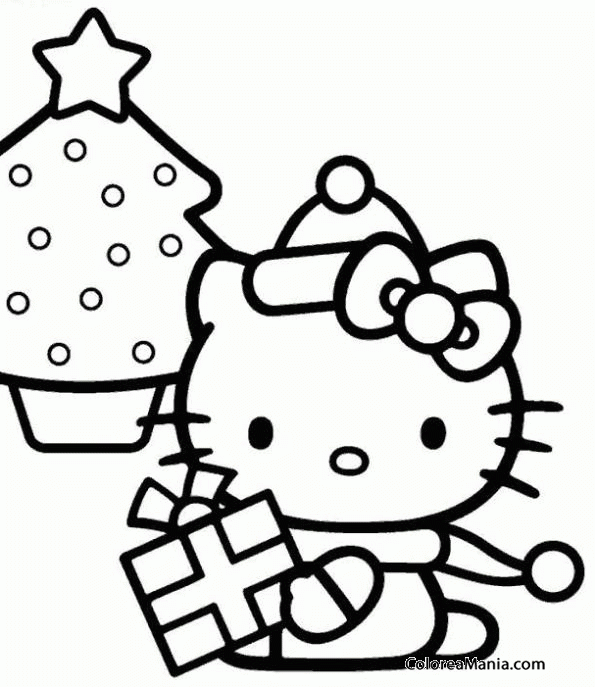 Colorear Kitty y el rbol de Navidad