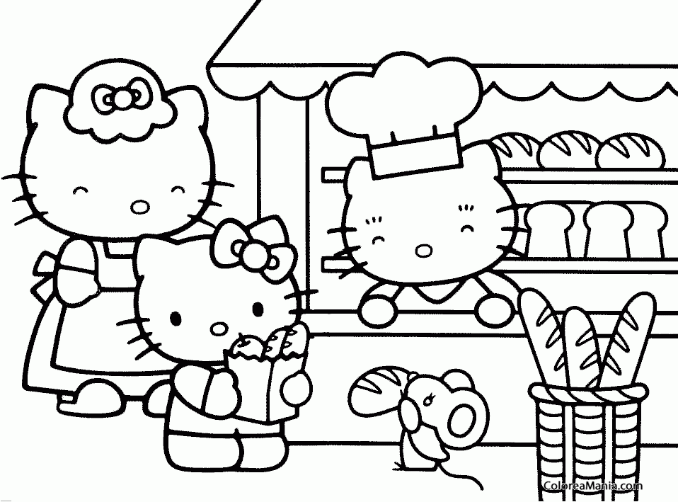Colorear Kitty y su mamá en la panadería