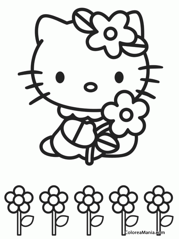 Colorear Kitty y cinco flores