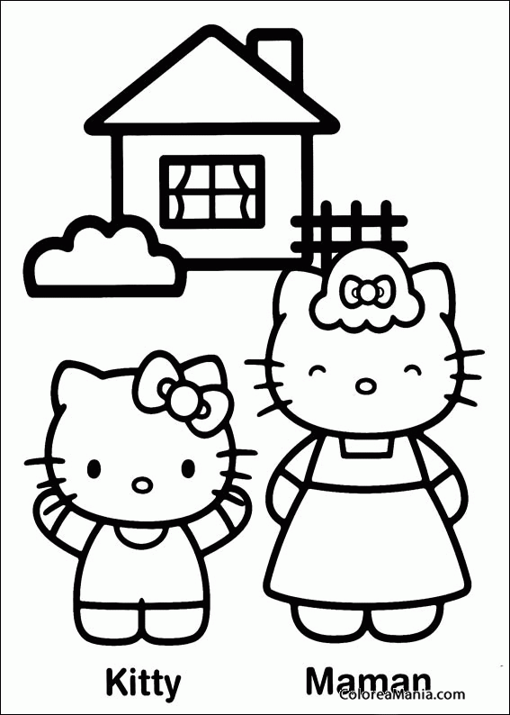 Colorear Kitty y su mamá nates su casa