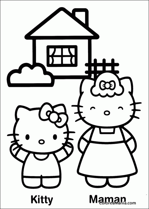 Colorear Kitty y su mam nates su casa